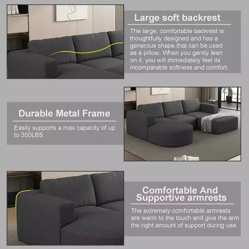 Sofá Seccional Modular con Función de Dormir de 104.32*70.86 Pulgadas, en Forma de U Convertible con Chaise Longue y Otomana de Esponja Comprimida Gris Oscuro