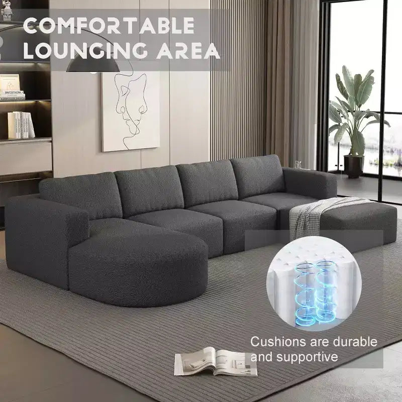 Sofá Seccional Modular con Función de Dormir de 104.32*70.86 Pulgadas, en Forma de U Convertible con Chaise Longue y Otomana de Esponja Comprimida Gris Oscuro