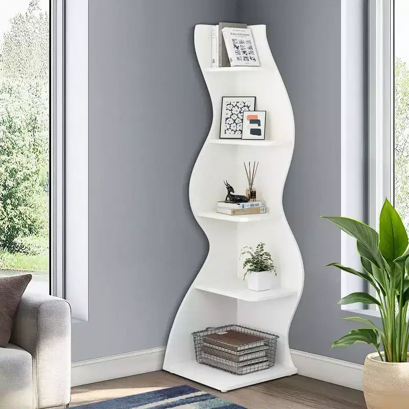 Estantería de esquina de pared, estantería flotante de 5 niveles para el hogar moderno - Unidad de almacenamiento y exhibición que ahorra espacio, blanco