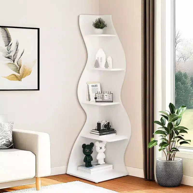 Estantería de esquina de pared, estantería flotante de 5 niveles para el hogar moderno - Unidad de almacenamiento y exhibición que ahorra espacio, blanco