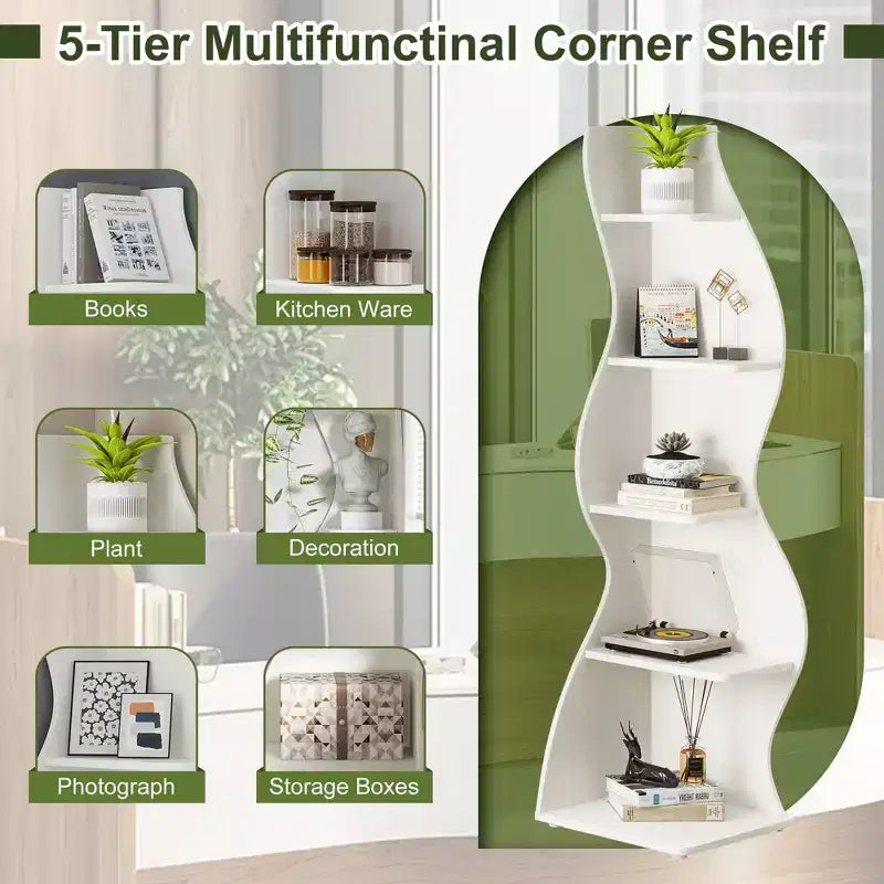 Estantería de esquina de pared, estantería flotante de 5 niveles para el hogar moderno - Unidad de almacenamiento y exhibición que ahorra espacio, blanco
