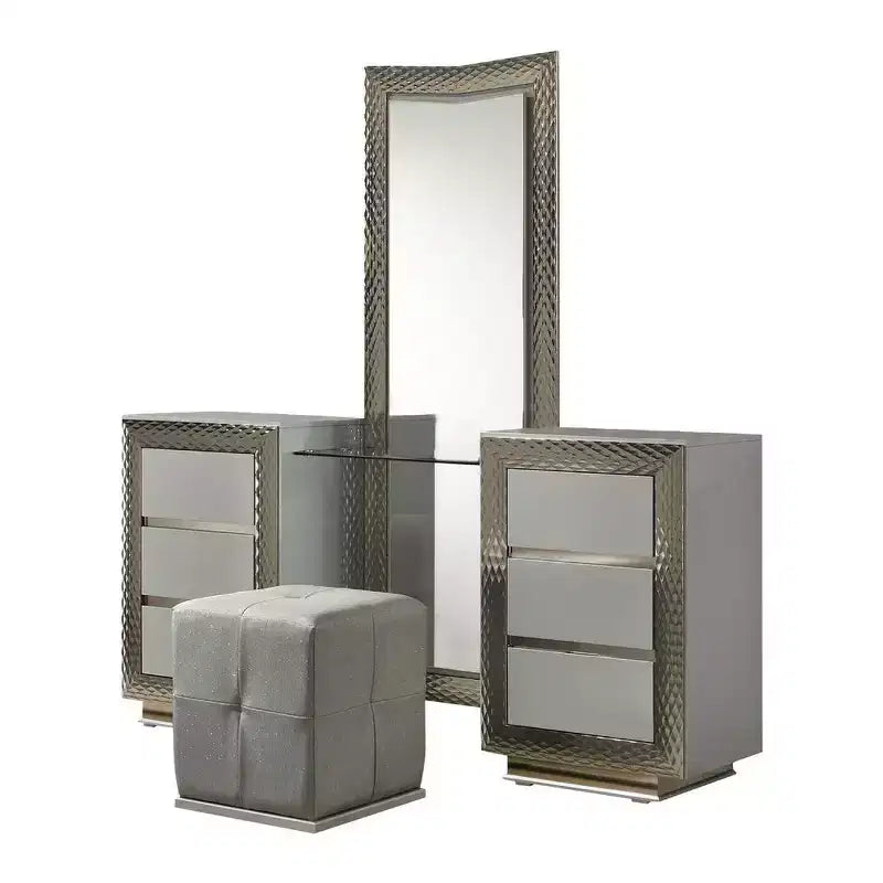 Tocador con taburete, gris, tela satinada, madera de caucho