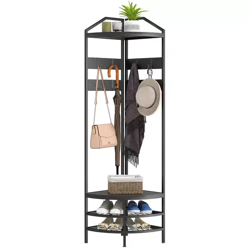HOMCOM Corner Hall Tree, 4-Tier Coat Rack with Shoe Storage, 8 Movable Hooks and 2 Storage Shelves for Entryway Hallway
