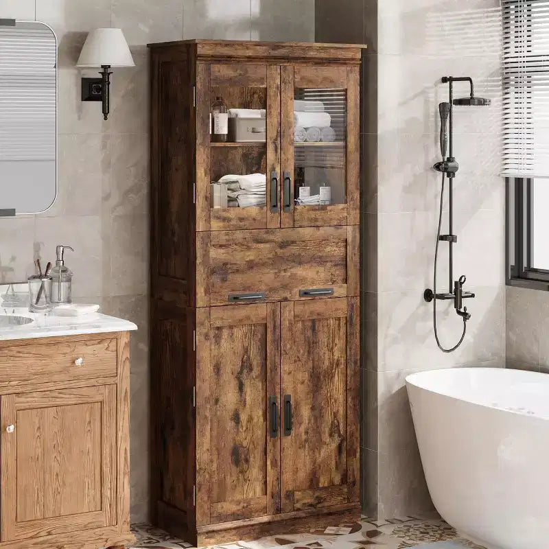 Acekool 67 Inch Tall Bathroom Storage Cabinet, 4 Doors, Flip Glass Drawer, Adjustable Shelves, Organizer for Kitchen, Pantry, Rustic Brown