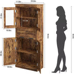Armario de almacenamiento para baño de 170 cm de alto, 4 puertas, cajón de cristal abatible, estantes ajustables, organizador para cocina, despensa, marrón rústico