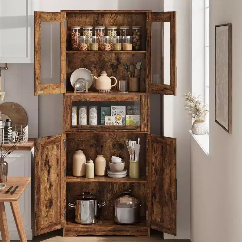 Armario de almacenamiento para baño de 170 cm de alto, 4 puertas, cajón de cristal abatible, estantes ajustables, organizador para cocina, despensa, marrón rústico