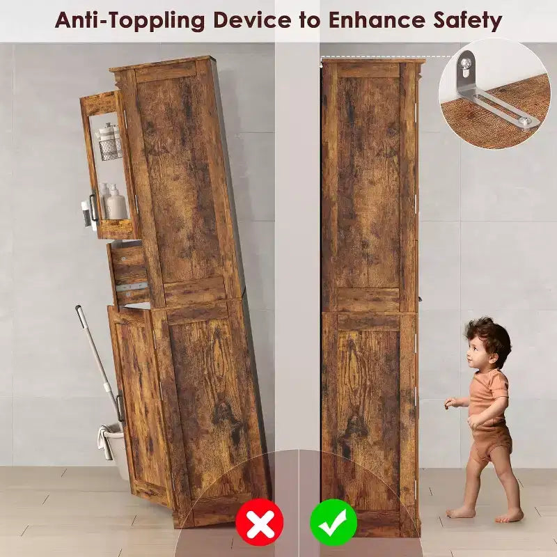 Armario de almacenamiento para baño de 170 cm de alto, 4 puertas, cajón de cristal abatible, estantes ajustables, organizador para cocina, despensa, marrón rústico