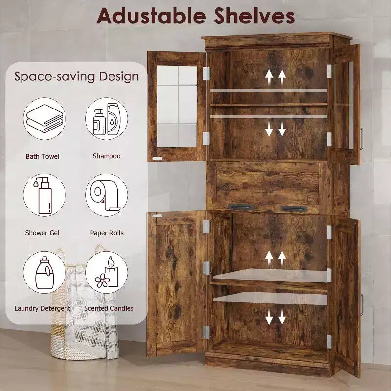Armario de almacenamiento para baño de 170 cm de alto, 4 puertas, cajón de cristal abatible, estantes ajustables, organizador para cocina, despensa, marrón rústico