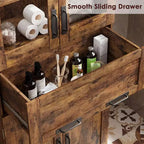 Armario de almacenamiento para baño de 170 cm de alto, 4 puertas, cajón de cristal abatible, estantes ajustables, organizador para cocina, despensa, marrón rústico
