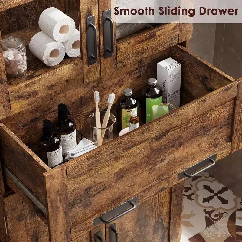 Armario de almacenamiento para baño de 170 cm de alto, 4 puertas, cajón de cristal abatible, estantes ajustables, organizador para cocina, despensa, marrón rústico