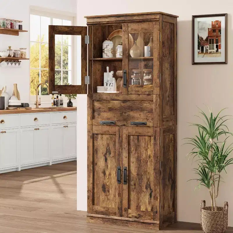 Armario de almacenamiento para baño de 170 cm de alto, 4 puertas, cajón de cristal abatible, estantes ajustables, organizador para cocina, despensa, marrón rústico