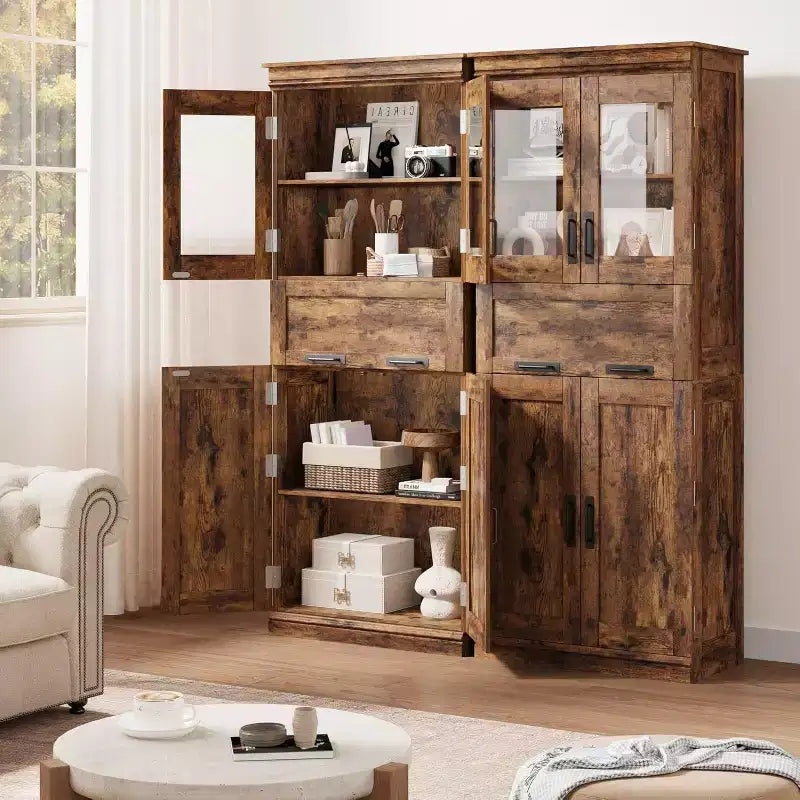 Armario de almacenamiento para baño de 170 cm de alto, 4 puertas, cajón de cristal abatible, estantes ajustables, organizador para cocina, despensa, marrón rústico