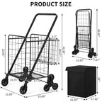 Carrito de compras plegable con ruedas giratorias 360°, forro impermeable y sistema para subir escaleras, negro