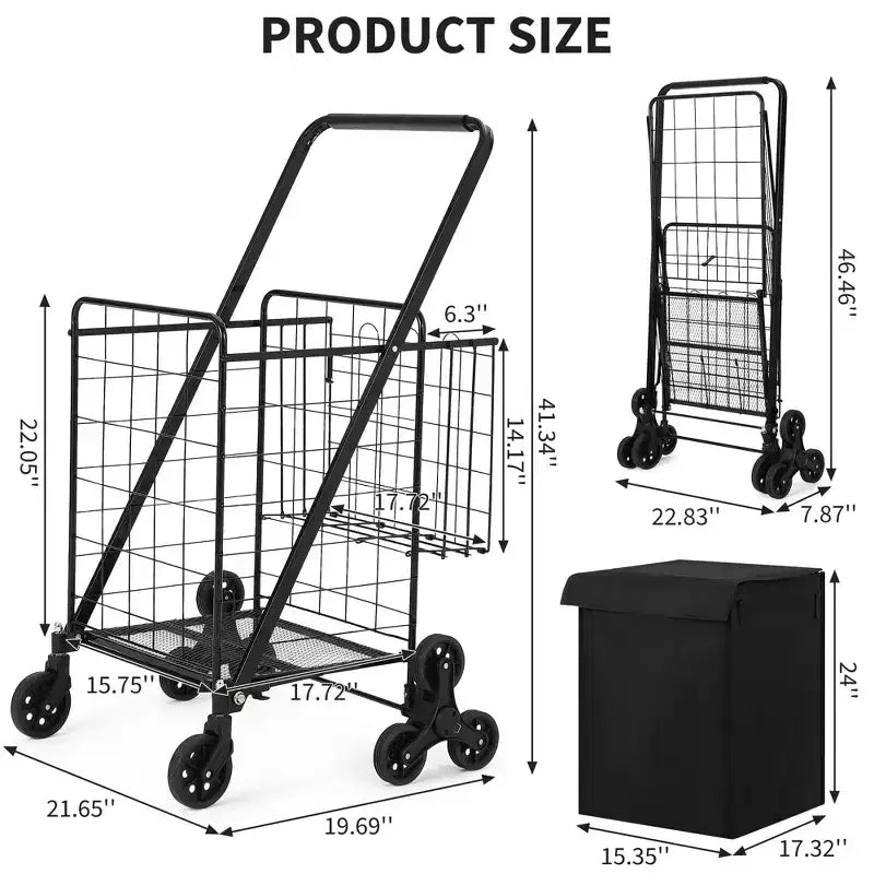 Carrito de compras plegable con ruedas giratorias 360°, forro impermeable y sistema para subir escaleras, negro
