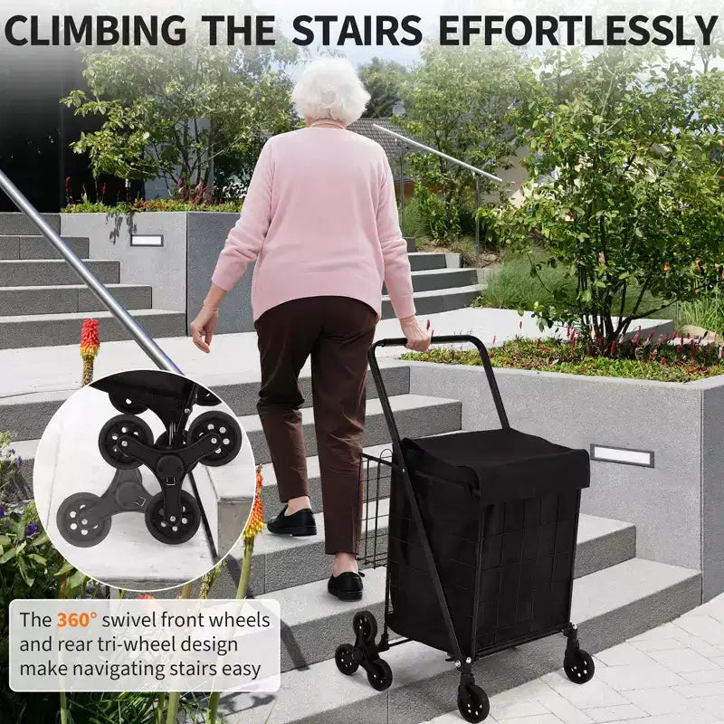 Carrito de compras plegable con ruedas giratorias 360°, forro impermeable y sistema para subir escaleras, negro