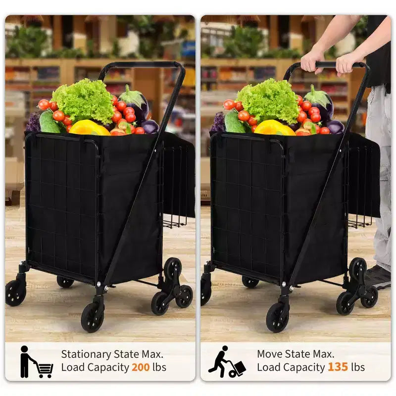 Carrito de compras plegable con ruedas giratorias 360°, forro impermeable y sistema para subir escaleras, negro