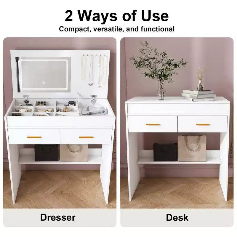 Tocador de maquillaje de 31.5" con tapa abatible con espejo iluminado LED y tomacorriente incorporado - Mesa de tocador con 2 cajones, ganchos para joyas
