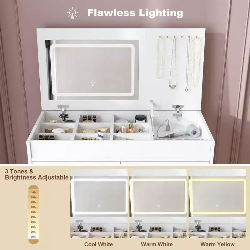 Tocador de maquillaje de 31.5" con tapa abatible con espejo iluminado LED y tomacorriente incorporado - Mesa de tocador con 2 cajones, ganchos para joyas