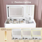 Tocador de maquillaje de 31.5" con tapa abatible con espejo iluminado LED y tomacorriente incorporado - Mesa de tocador con 2 cajones, ganchos para joyas