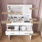 Tocador de maquillaje de 31.5" con tapa abatible con espejo iluminado LED y tomacorriente incorporado - Mesa de tocador con 2 cajones, ganchos para joyas