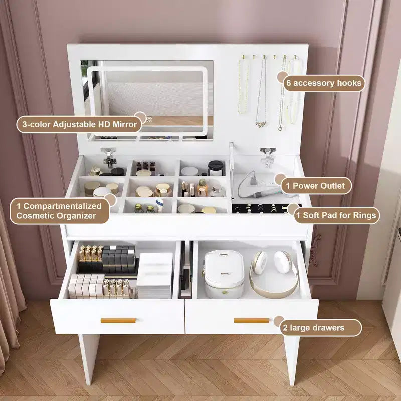 Tocador de maquillaje de 31.5" con tapa abatible con espejo iluminado LED y tomacorriente incorporado - Mesa de tocador con 2 cajones, ganchos para joyas
