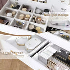 Tocador de maquillaje de 31.5" con tapa abatible con espejo iluminado LED y tomacorriente incorporado - Mesa de tocador con 2 cajones, ganchos para joyas