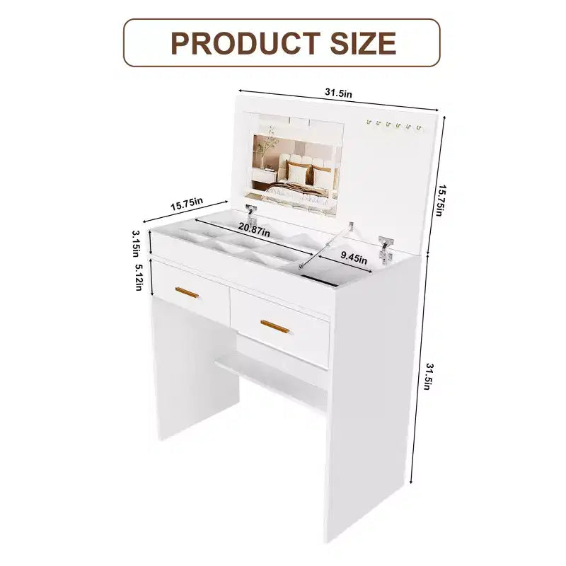 Tocador de maquillaje de 31.5" con tapa abatible con espejo iluminado LED y tomacorriente incorporado - Mesa de tocador con 2 cajones, ganchos para joyas