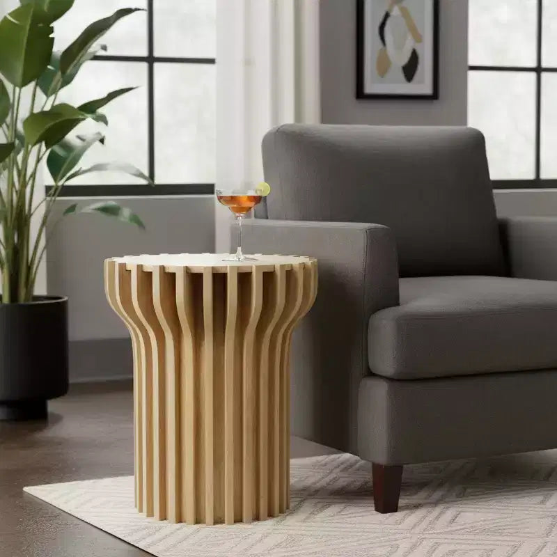 Decorative Travertine Side or End Table for Home Decor - Contemporary Small Table for Bedroom Night Stand, Living Room Drink Table - 25, White