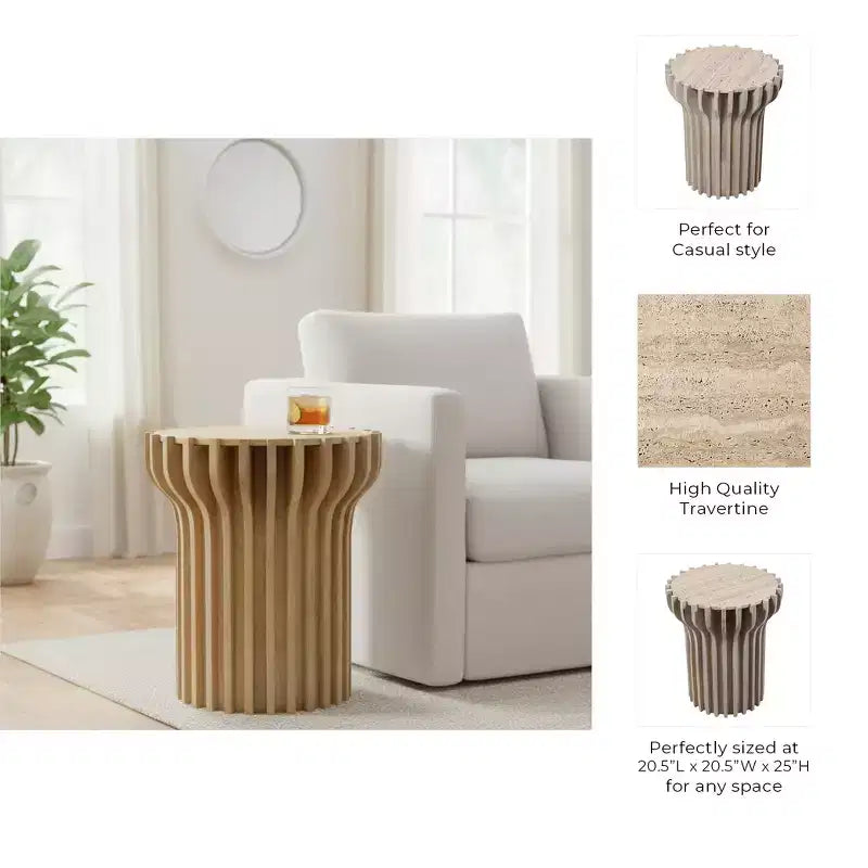 Mesa auxiliar o auxiliar decorativa de travertino para decoración del hogar - Mesa pequeña contemporánea para mesita de noche de dormitorio, mesa de bebidas de sala de estar - 25, Blanca