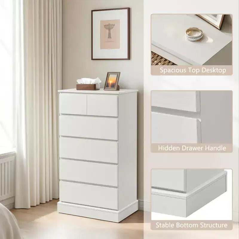 Cómoda alta de 6 cajones, cómoda moderna blanca para dormitorio, cómoda con cajones para sala de estar, entrada, pasillo