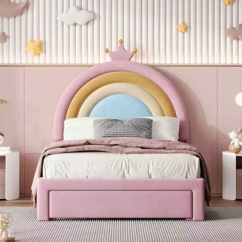 MAYEERTY Twin Size Upholstered Rainbow Design Bed Velvet Princess Platform Bed with Drawers for Bedroom Colorful & Pink