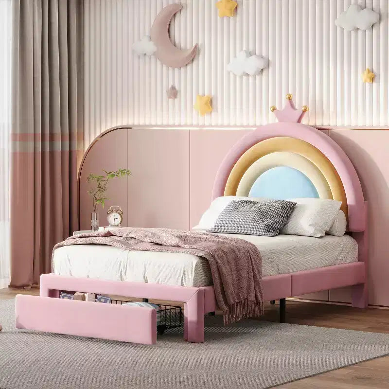 Cama Tapizada Individual Diseño Arcoíris Cama Plataforma de Terciopelo Princesa con Cajones para Dormitorio Colorida y Rosa