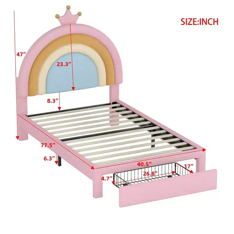 Cama Tapizada Individual Diseño Arcoíris Cama Plataforma de Terciopelo Princesa con Cajones para Dormitorio Colorida y Rosa