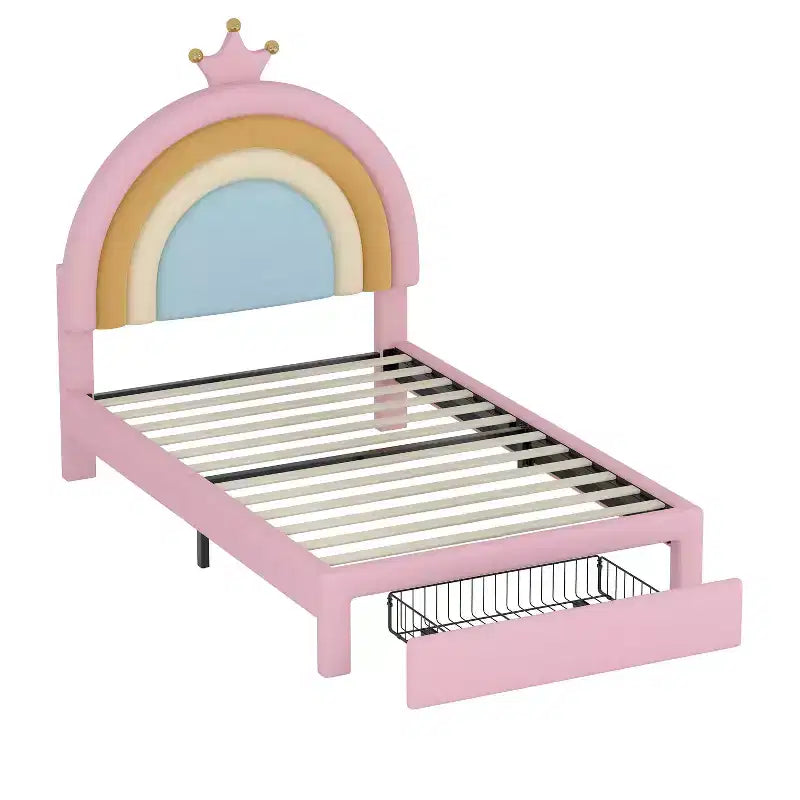 Cama Tapizada Individual Diseño Arcoíris Cama Plataforma de Terciopelo Princesa con Cajones para Dormitorio Colorida y Rosa