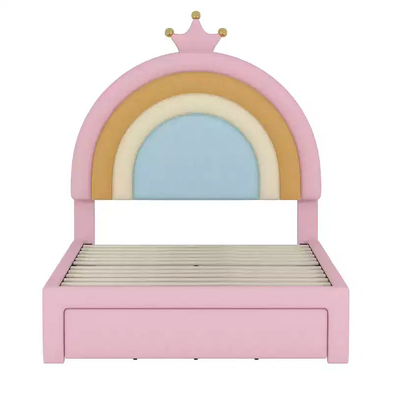 Cama Tapizada Individual Diseño Arcoíris Cama Plataforma de Terciopelo Princesa con Cajones para Dormitorio Colorida y Rosa