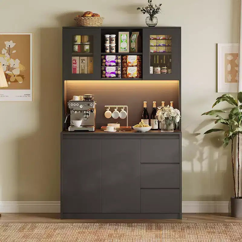 Alacena de despensa de cocina con estación de carga, almacenamiento moderno para despensa y soporte para microondas, organizador de despensa alto con encimera