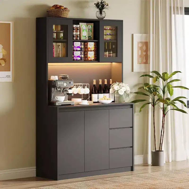 Kitchen Pantry Hutch with Charging Station, Modern Pantry Storage and Microwave Stand, Tall Pantry Organizer with Countertop