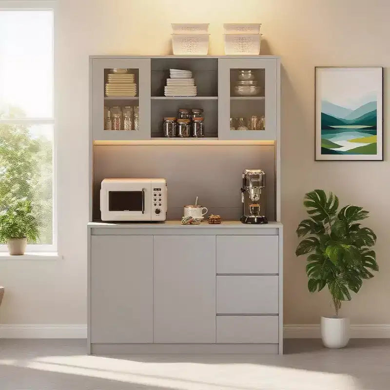 Alacena de despensa de cocina con estación de carga, almacenamiento moderno para despensa y soporte para microondas, organizador de despensa alto con encimera