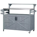 VIYET 43 K&K Outdoor Kitchen Island, Grey-Blue Solid Wood Grill Cart w/ Stainless Steel Top (Raised Shelf+Adjustable Storage Rack)