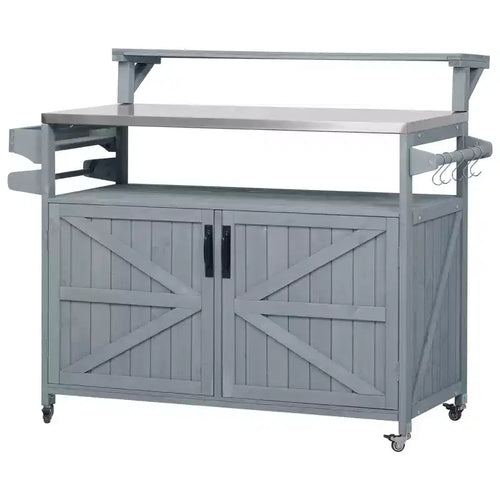 VIYET 43 K&K Outdoor Kitchen Island, Grey-Blue Solid Wood Grill Cart w/ Stainless Steel Top (Raised Shelf+Adjustable Storage Rack)