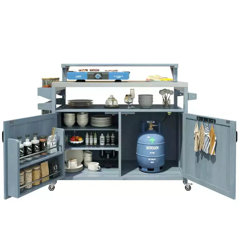 Isla de cocina exterior 43 K&K, carrito para parrilla de madera maciza gris-azul con tapa de acero inoxidable (estante elevado + rejilla de almacenamiento ajustable)