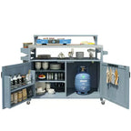 Isla de cocina exterior 43 K&K, carrito para parrilla de madera maciza gris-azul con tapa de acero inoxidable (estante elevado + rejilla de almacenamiento ajustable)