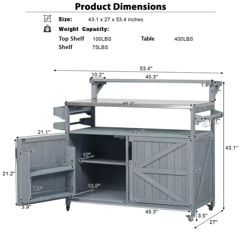 Isla de cocina exterior 43 K&K, carrito para parrilla de madera maciza gris-azul con tapa de acero inoxidable (estante elevado + rejilla de almacenamiento ajustable)