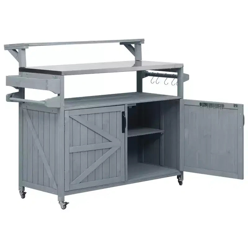 Isla de cocina exterior 43 K&K, carrito para parrilla de madera maciza gris-azul con tapa de acero inoxidable (estante elevado + rejilla de almacenamiento ajustable)