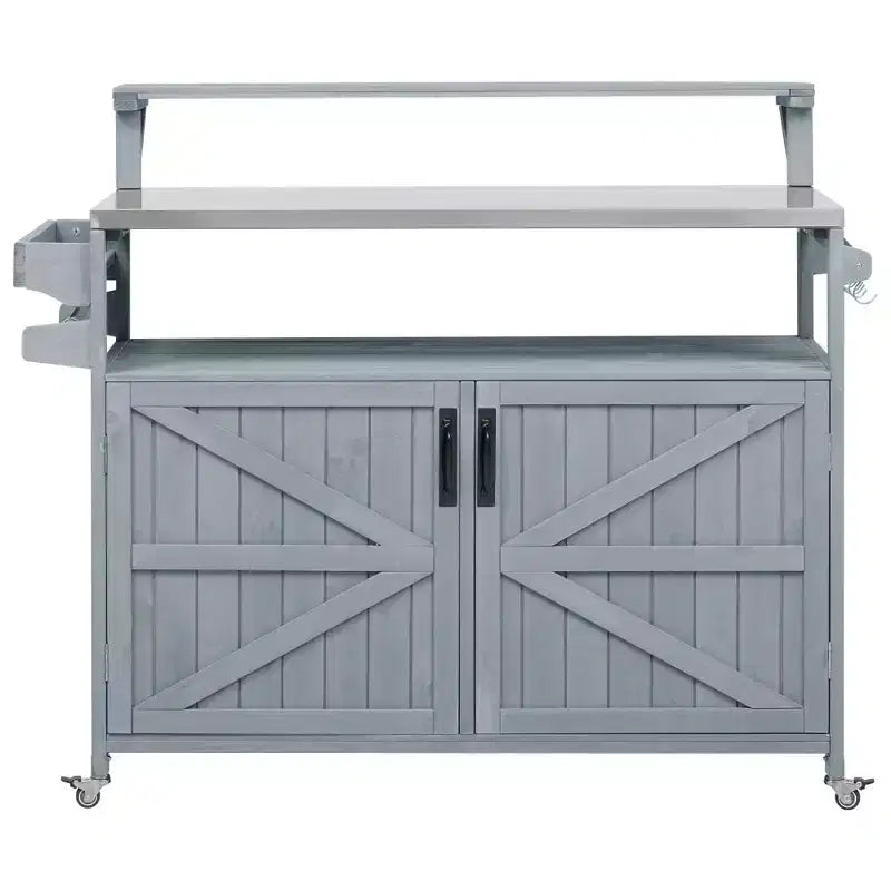 Isla de cocina exterior 43 K&K, carrito para parrilla de madera maciza gris-azul con tapa de acero inoxidable (estante elevado + rejilla de almacenamiento ajustable)