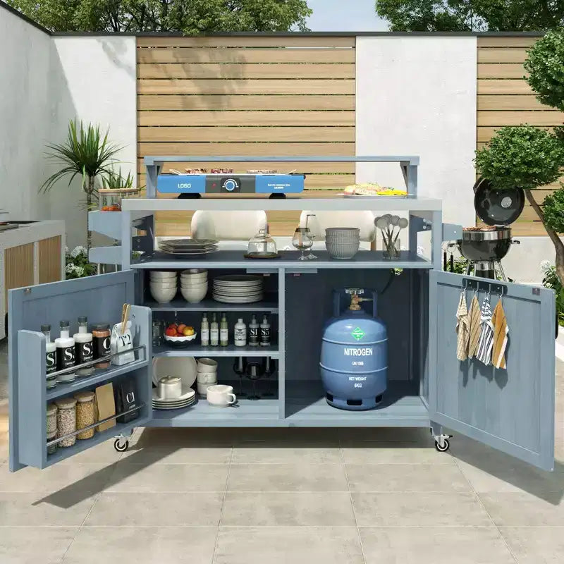 Isla de cocina exterior 43 K&K, carrito para parrilla de madera maciza gris-azul con tapa de acero inoxidable (estante elevado + rejilla de almacenamiento ajustable)