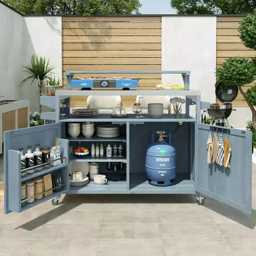 Isla de cocina exterior 43 K&K, carrito para parrilla de madera maciza gris-azul con tapa de acero inoxidable (estante elevado + rejilla de almacenamiento ajustable)