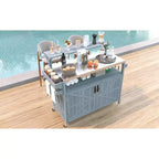 Isla de cocina exterior 43 K&K, carrito para parrilla de madera maciza gris-azul con tapa de acero inoxidable (estante elevado + rejilla de almacenamiento ajustable)