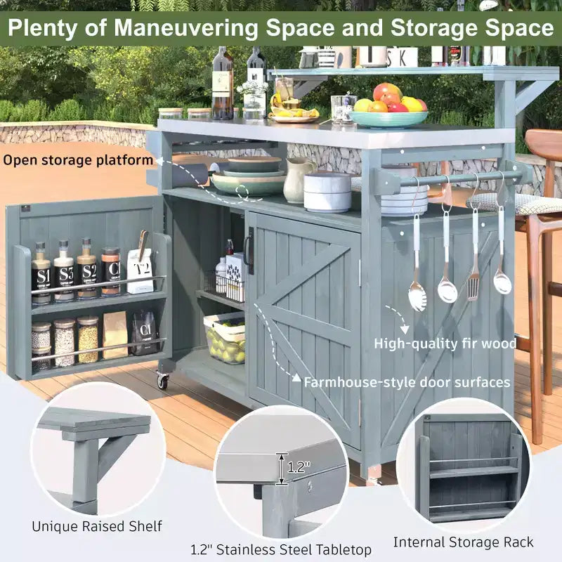 Isla de cocina exterior 43 K&K, carrito para parrilla de madera maciza gris-azul con tapa de acero inoxidable (estante elevado + rejilla de almacenamiento ajustable)