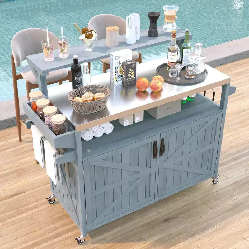 Isla de cocina exterior 43 K&K, carrito para parrilla de madera maciza gris-azul con tapa de acero inoxidable (estante elevado + rejilla de almacenamiento ajustable)